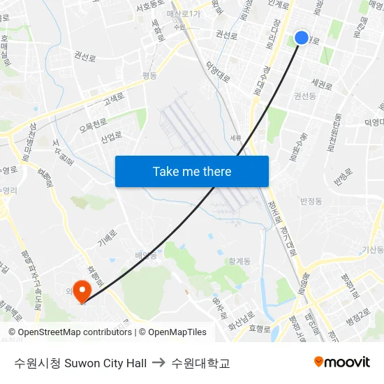 수원시청 Suwon City Hall to 수원대학교 map
