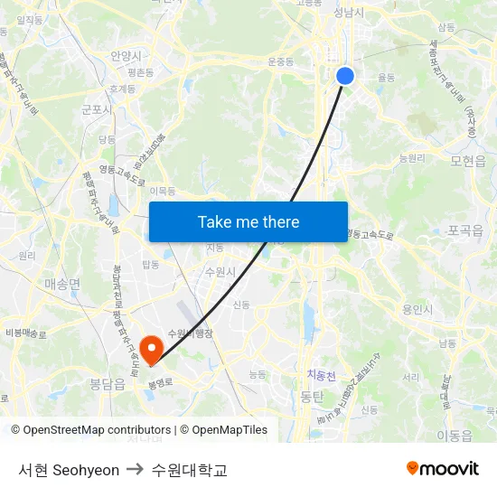 서현 Seohyeon to 수원대학교 map