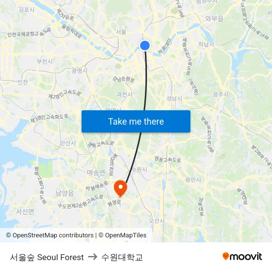 서울숲 Seoul Forest to 수원대학교 map