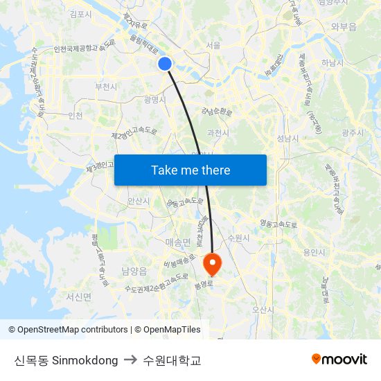 신목동 Sinmokdong to 수원대학교 map