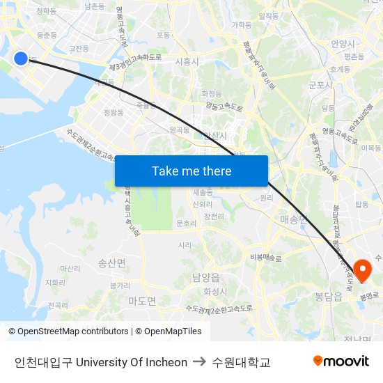 인천대입구 University Of Incheon to 수원대학교 map