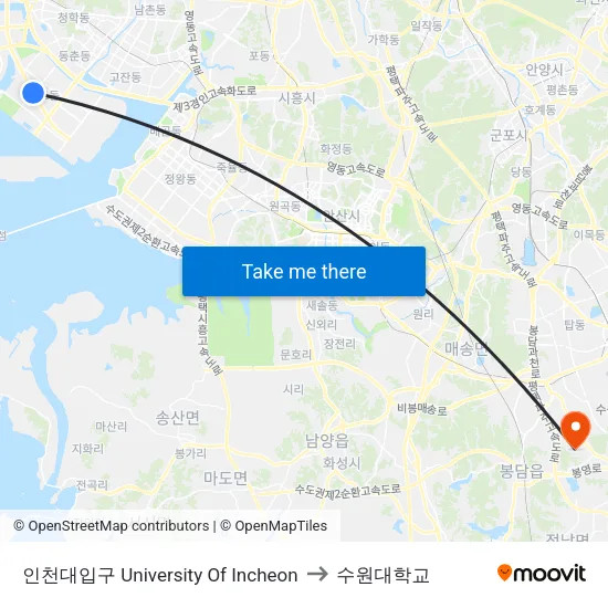 인천대입구 University Of Incheon to 수원대학교 map