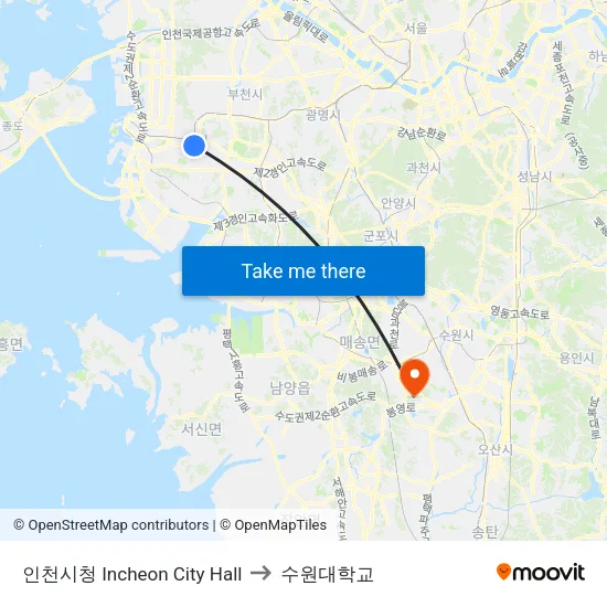 인천시청 Incheon City Hall to 수원대학교 map