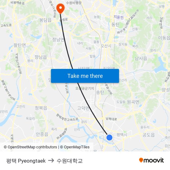 평택 Pyeongtaek to 수원대학교 map