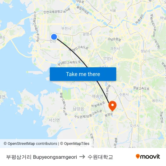 부평삼거리 Bupyeongsamgeori to 수원대학교 map
