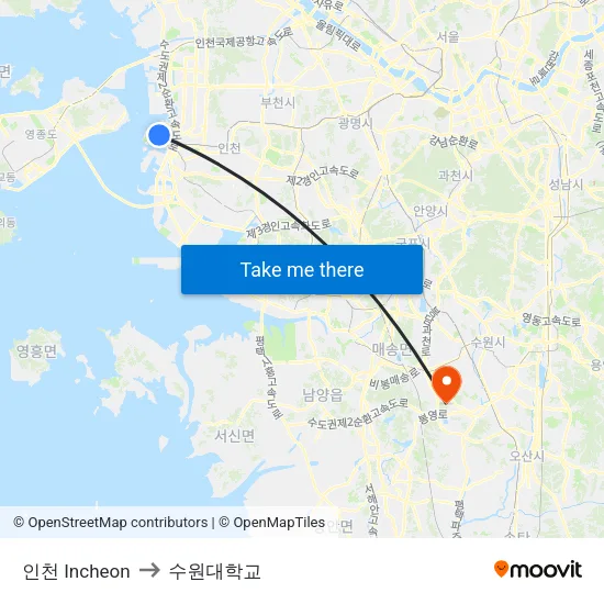 인천 Incheon to 수원대학교 map
