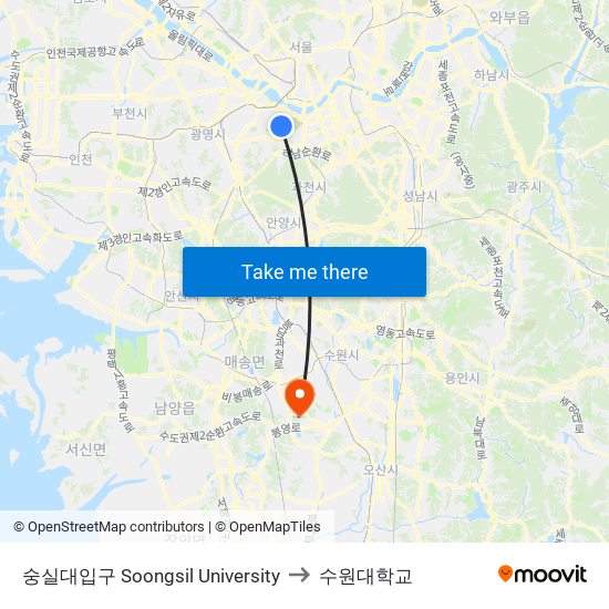 숭실대입구 Soongsil University to 수원대학교 map