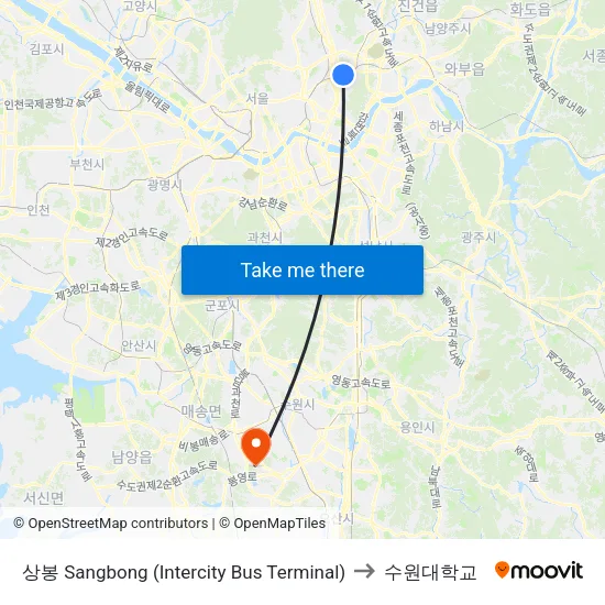 상봉 Sangbong (Intercity Bus Terminal) to 수원대학교 map