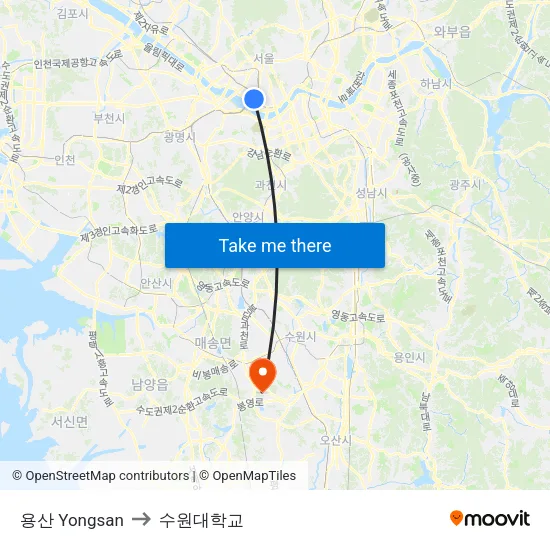 용산 Yongsan to 수원대학교 map