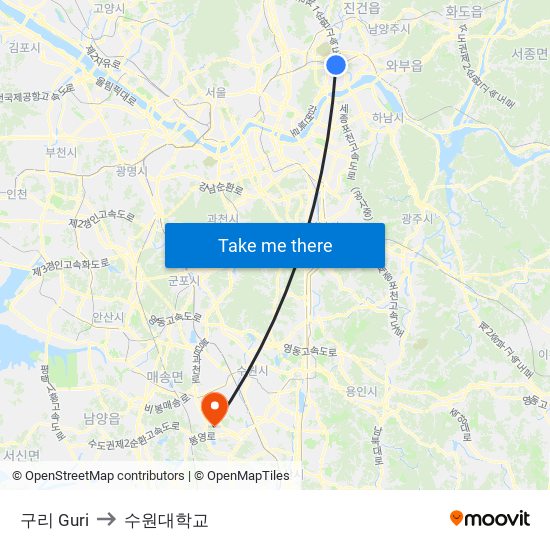 구리 Guri to 수원대학교 map