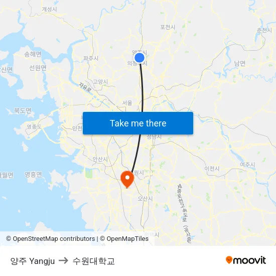 양주 Yangju to 수원대학교 map