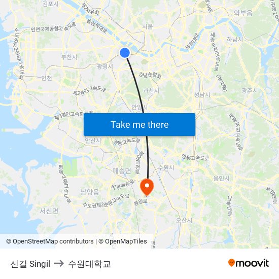 신길 Singil to 수원대학교 map