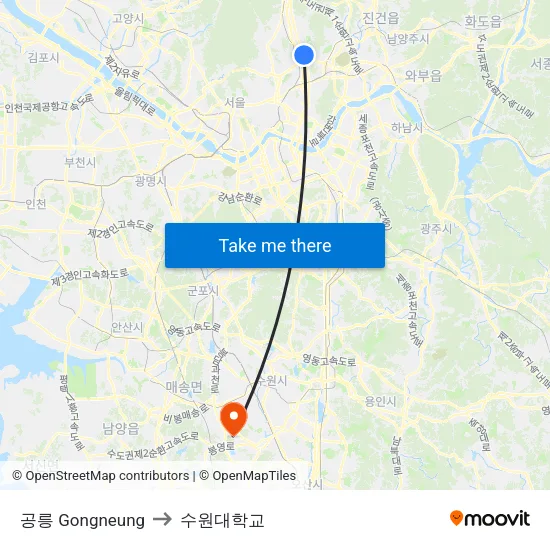 공릉 Gongneung to 수원대학교 map