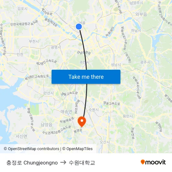 충정로 Chungjeongno to 수원대학교 map