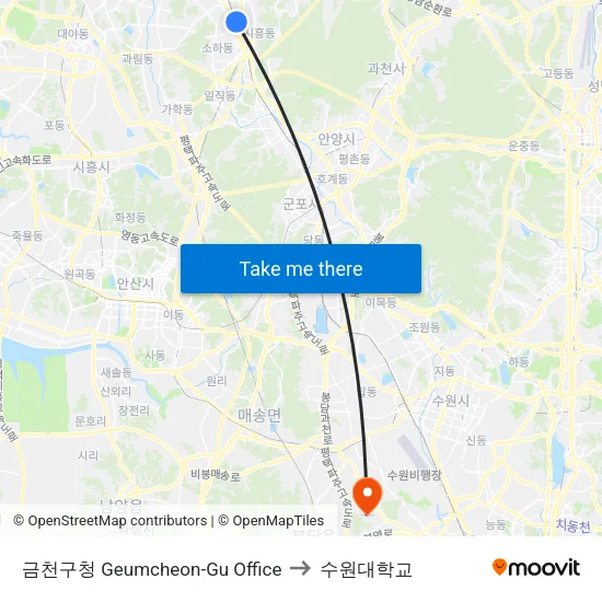 금천구청 Geumcheon-Gu Office to 수원대학교 map