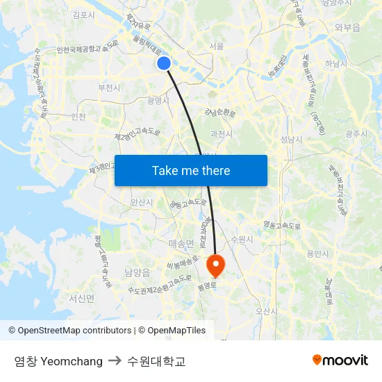 염창 Yeomchang to 수원대학교 map