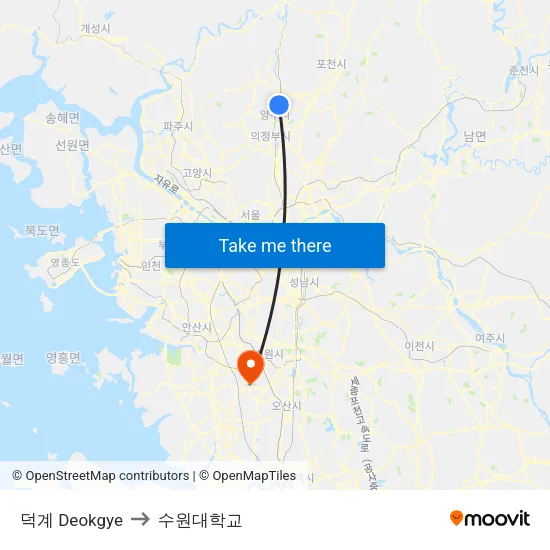 덕계 Deokgye to 수원대학교 map