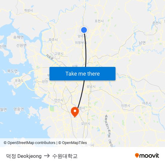 덕정 Deokjeong to 수원대학교 map