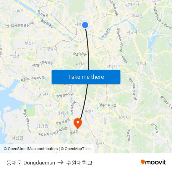 동대문 Dongdaemun to 수원대학교 map