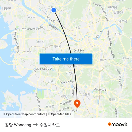 원당 Wondang to 수원대학교 map