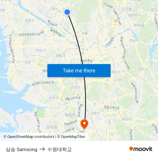 삼송 Samsong to 수원대학교 map