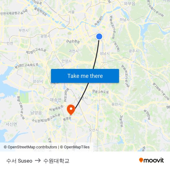 수서 Suseo to 수원대학교 map