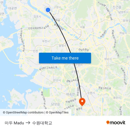 마두 Madu to 수원대학교 map