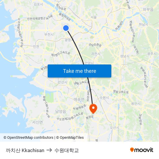 까치산 Kkachisan to 수원대학교 map