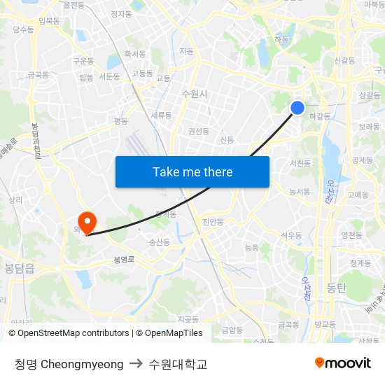 청명 Cheongmyeong to 수원대학교 map