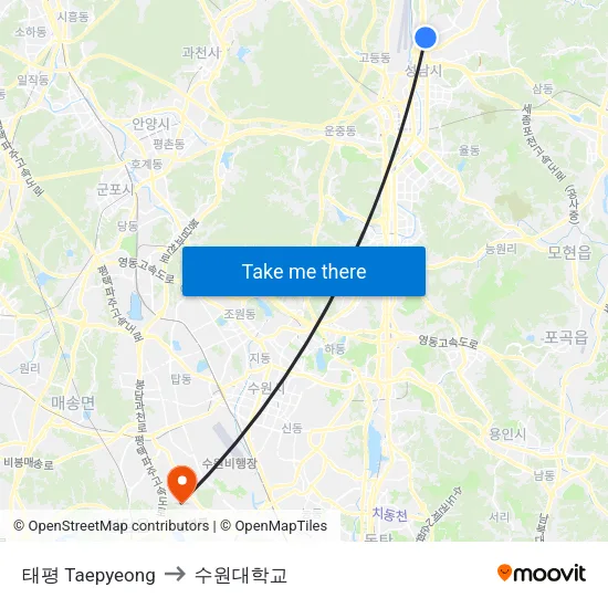 태평 Taepyeong to 수원대학교 map
