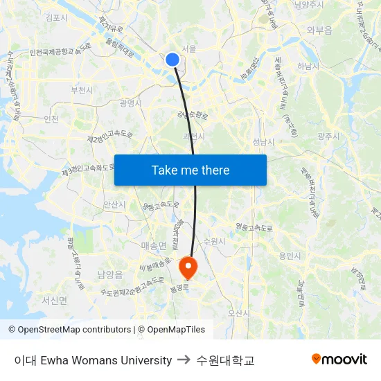 이대 Ewha Womans University to 수원대학교 map