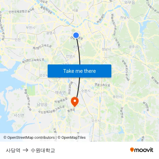 사당역 to 수원대학교 map