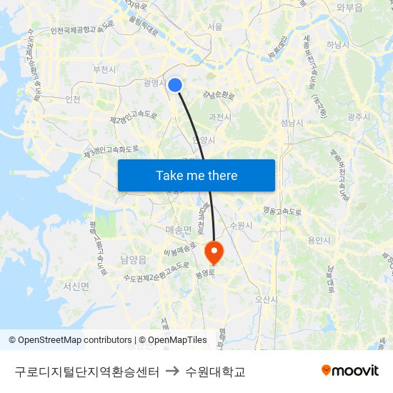 구로디지털단지역환승센터 to 수원대학교 map