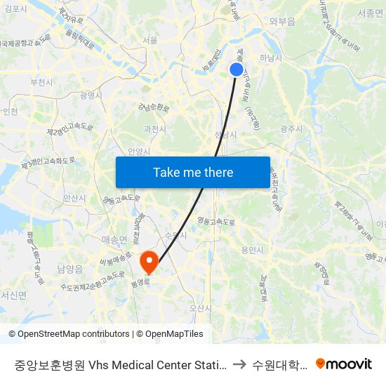 중앙보훈병원 Vhs Medical Center Station to 수원대학교 map