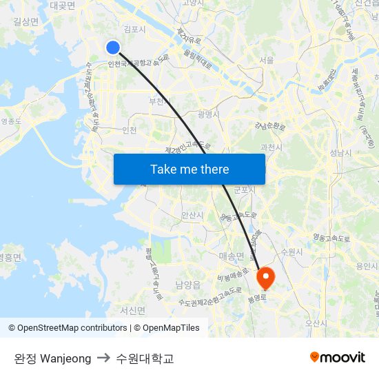 완정 Wanjeong to 수원대학교 map