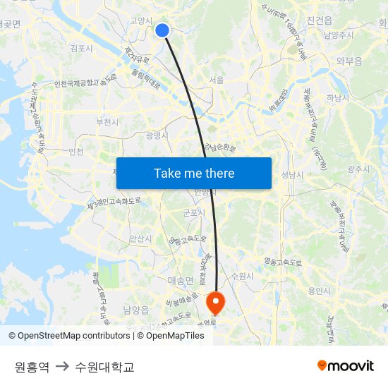 원흥역 to 수원대학교 map