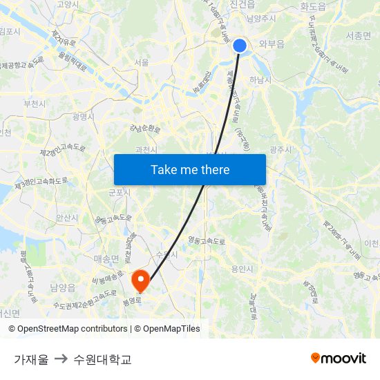가재울 to 수원대학교 map