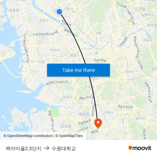 백마마을2.3단지 to 수원대학교 map