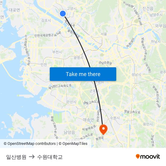 일산병원 to 수원대학교 map