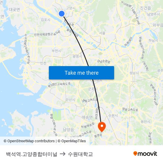 백석역.고양종합터미널 to 수원대학교 map