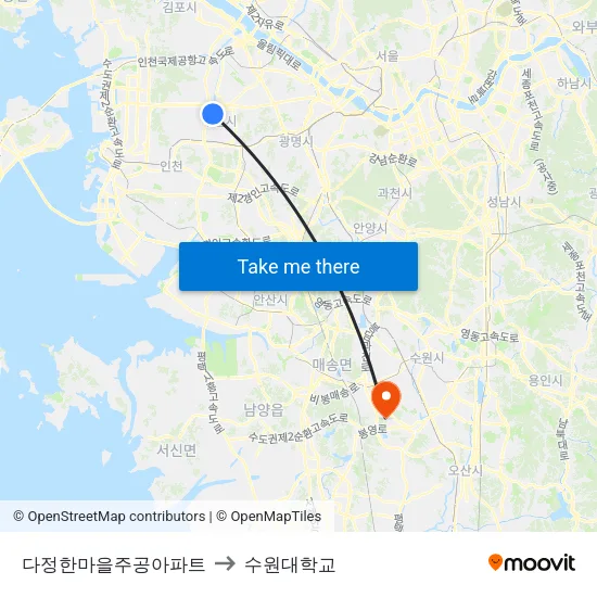다정한마을주공아파트 to 수원대학교 map