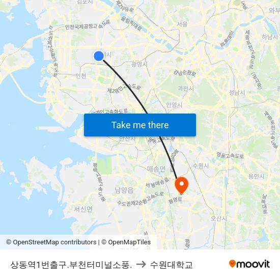 상동역1번출구.부천터미널소풍. to 수원대학교 map