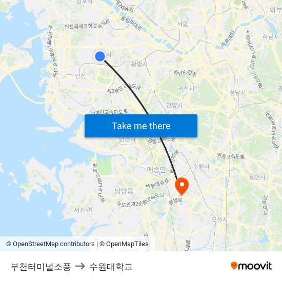 부천터미널소풍 to 수원대학교 map