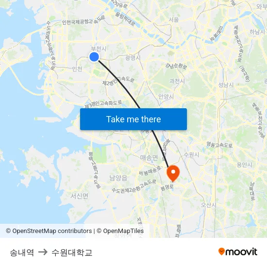 송내역 to 수원대학교 map