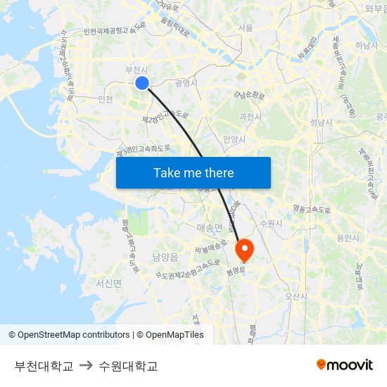부천대학교 to 수원대학교 map