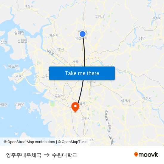 양주주내우체국 to 수원대학교 map