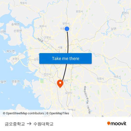 금오중학교 to 수원대학교 map