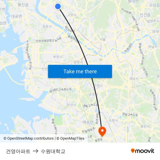 건영아파트 to 수원대학교 map