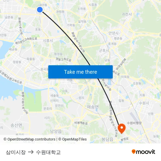 삼미시장 to 수원대학교 map