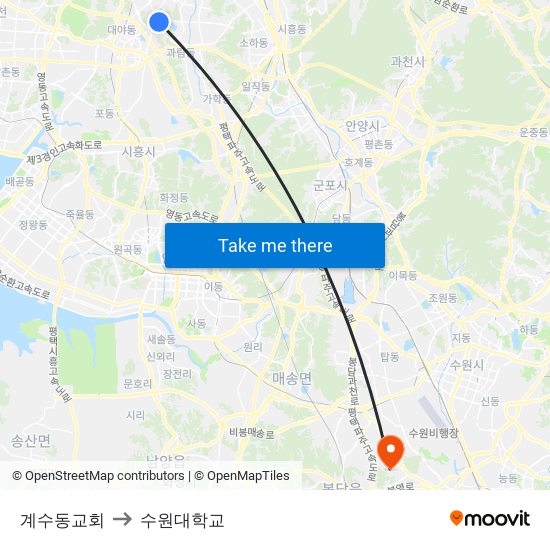 계수동교회 to 수원대학교 map